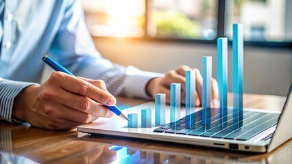 A businessman's hand uses a pen on a digital tablet displaying financial data in the office