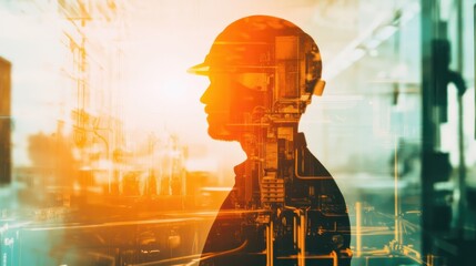 a double exposure image of an electrician centered view and a workplace ,warm toned color grading ,