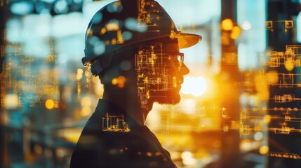 a double exposure image of an electrician centered view and a workplace ,warm toned color grading ,