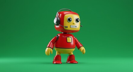 Fototapeta premium Cartoon Robot Standing on Green Surface Wearing Headset