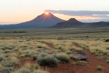 Fototapeta premium Majestic Sunset over Desert Landscape with Mountain Peaks and a Dirt Road