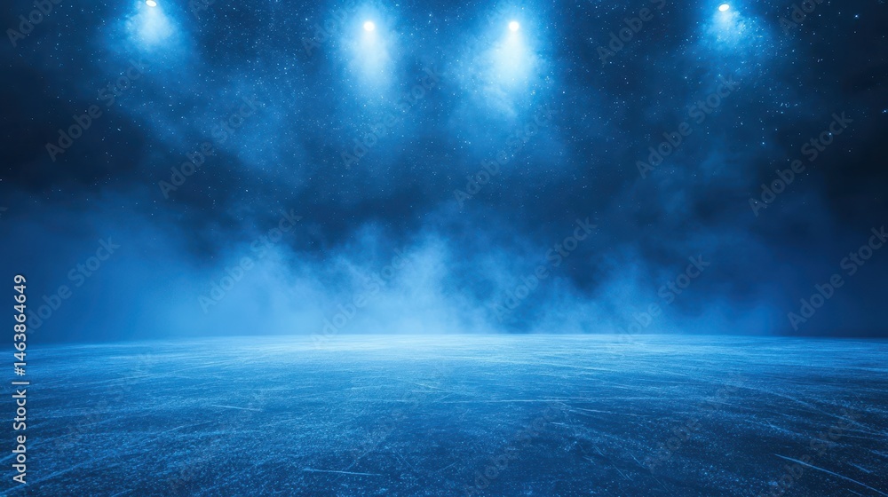 Poster empty ice rink illuminated by bright spotlights with smoke effect. perfect for backgrounds or adding