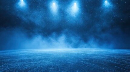 Empty ice rink illuminated by bright spotlights with smoke effect. Perfect for backgrounds or adding figures for events and competitions.
