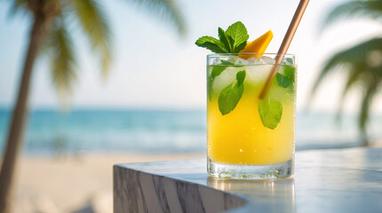 Bright mango soda refreshment with ice and mint in clear glass displayed on marble beachside setting Premium Wallpaper Background Summer Stock Photo