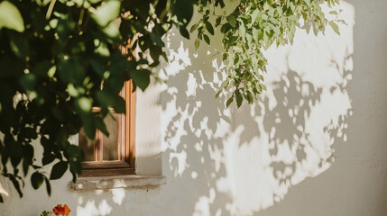 Sunlight filtering through green den natural shadows on wall outdoor photography soft atmosphere