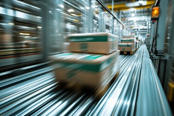 Close-Up View of Stacked Packages Moving on a Conveyor Belt in an Industrial Warehouse Setting