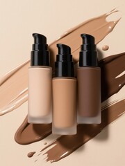 Three shades of liquid foundation in pump bottles displayed on a beige background with cosmetic swatches Perfect for beauty makeup and cosmetic product advertising