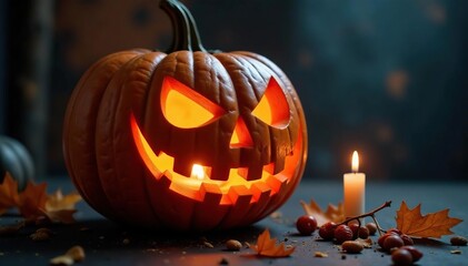 Intricately carved jack-o-lantern with candlelight, dark, fall, halloween night