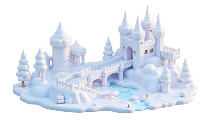 Obraz premium Isometric illustration of a snow-covered fantasy castle with tall, icy towers and a frosted suspension bridge.