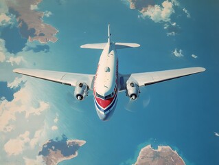 Obraz premium Vintage Airplane Flying Over Coastal Islands and Ocean