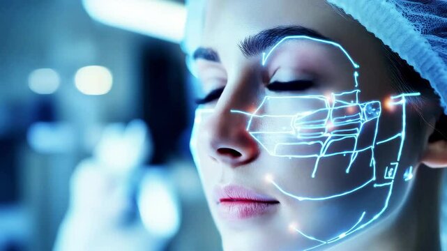 Close up of woman face with blue digital facial mapping lines showcasing advanced technology in skin healthcare and beauty enhancement through futuristic facial recognition and biometric scanning