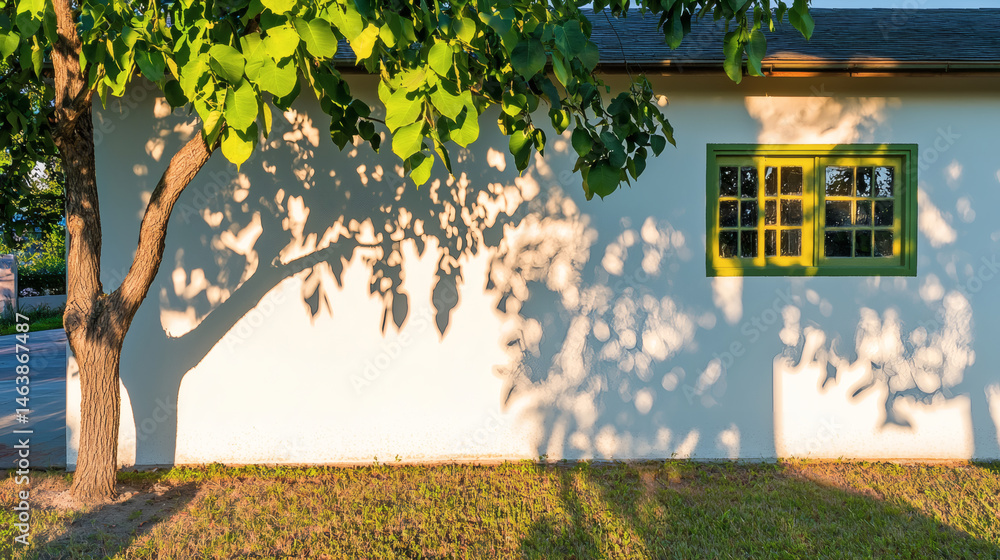 Aufkleber abstract shadow pattern on a minimalist wall with green window urban setting daylight calm concept