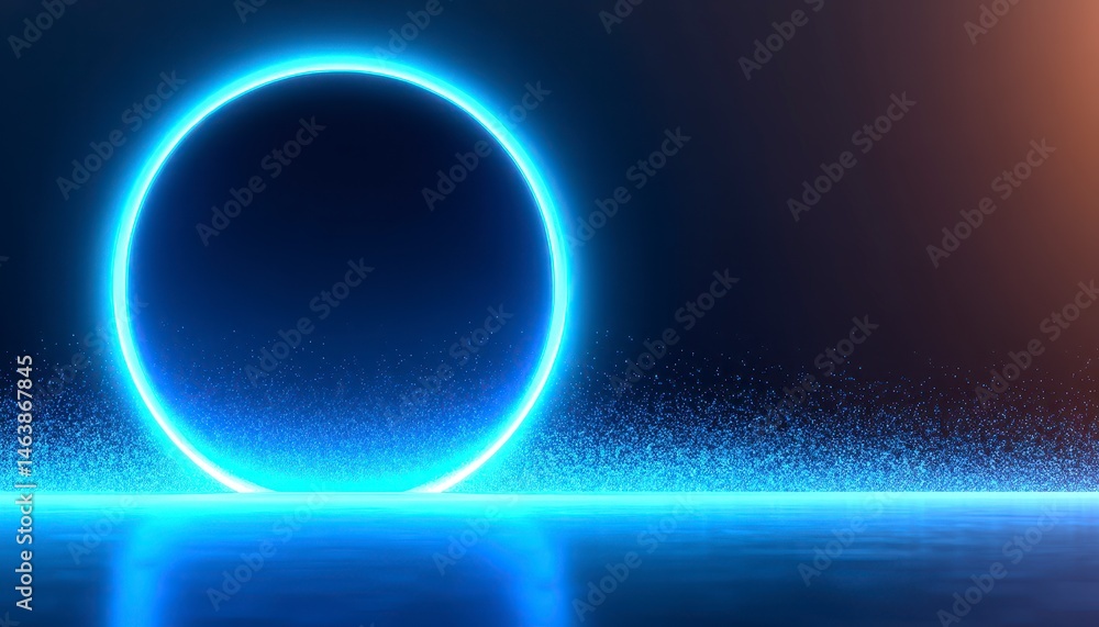 Poster glowing blue circle with a shimmering background and reflective surface.