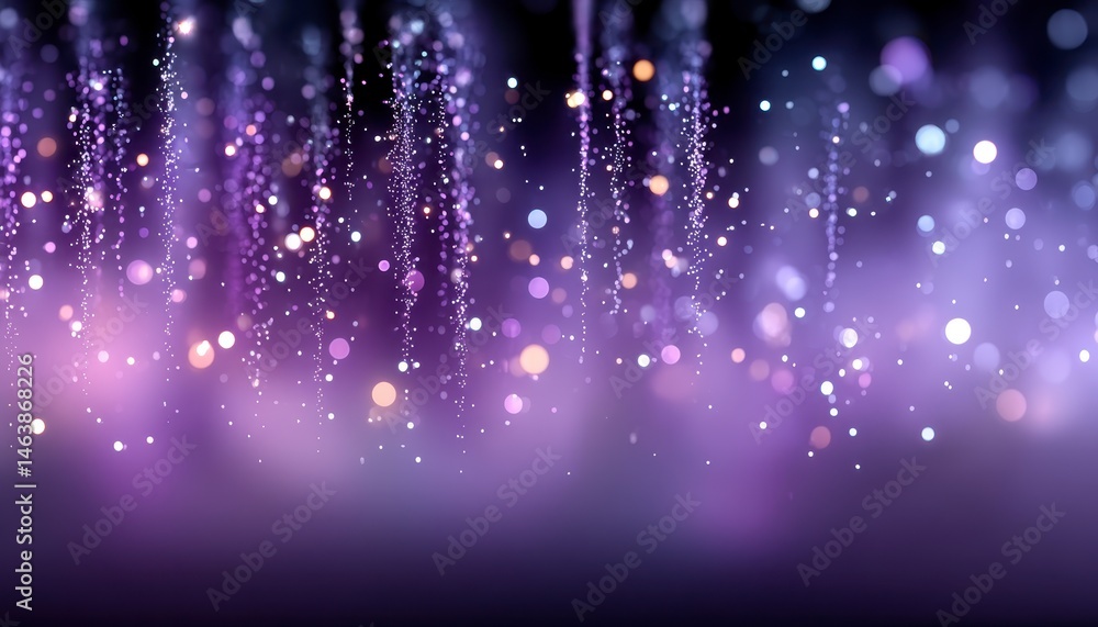 Poster abstract purple background with sparkling lights and bokeh effects.