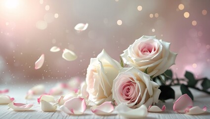 Romantic Pink Rose Bouquet with Falling Petals – Soft Floral Background for Wedding and Love Themes