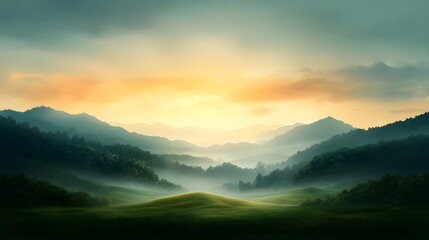 Fototapeta premium Tranquil rolling hills and verdant meadows at dusk