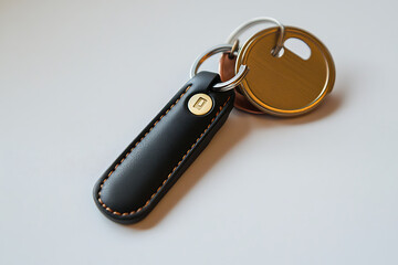 A close up of a keychain with a black leather fob and a gold colored round tag on a white surface