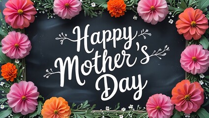Pink and orange Zinnia flowers in floral frame arrangement with Happy Mother's Day text on chalkboard background. 