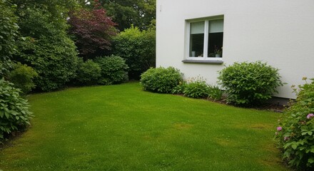 Fototapeta premium Lawn with bushes next to a house with a window