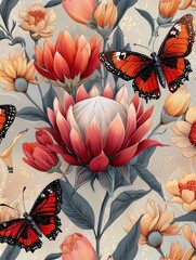 Vibrant Protea Flowers and Butterflies – Botanical Art Illustration