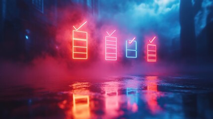 A neon-lit checklist of personal growth strategies floating in mid-air 