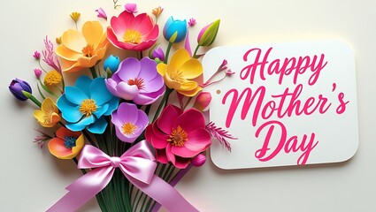 Rainbow Flower Bouquet with Ribbon and Tag Saying ‘Happy Mother’s Day