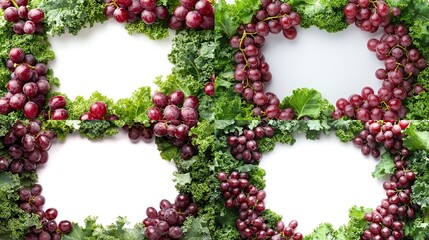 Fresh red grapes and kale arranged in circular frames