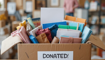 Organized Donation Box Filled with Various Office Supplies and Stationery Items in a Bright Room Ready for Charitable Giving