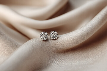 Round diamond stud earrings sparkling atop soft champagne satin.