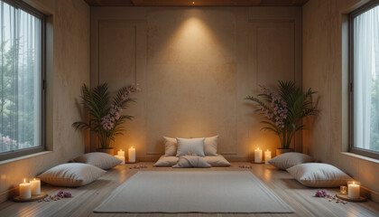Serene and Tranquil Indoor Meditation Space with Soft Lighting, Candles, and Flowers for Relaxation and Mindfulness Practices