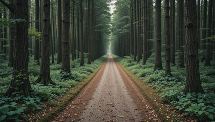 Obraz premium Serene Forest Pathway Surrounded by Tall Trees with Vibrant Green Foliage and Soft Light Filtering Through the Canopy