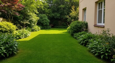 Lush green lawn with garden and building exterior view