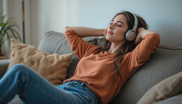 Young woman relaxing on a cozy couch with headphones, enjoying music in a bright and comfortable living room space