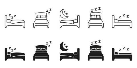 Bed And Sleep Line And Solid Icon Set. Rest, Relaxation, And Nighttime Sleep Symbol Collection. Bedroom Furniture And Sleep Quality Representation. Isolated Vector Illustration