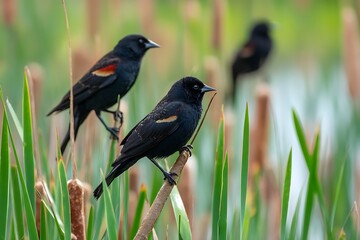Fototapeta premium Two Male Red winged Blackbirds Perched on Cattails in a Marsh