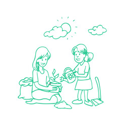 planting tree together with mother in the garden hand drawn sketch
