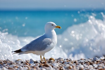 Obraz premium Single Seagull Standing on Pebbles by the Ocean Waves