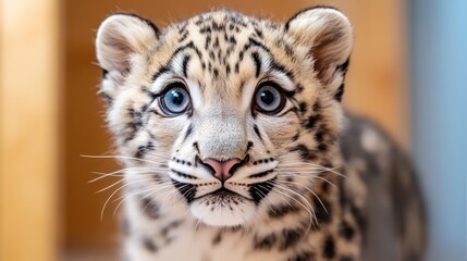 Fototapeta premium Adorable Snow Leopard Cub with Striking Blue Eyes in Natural Habitat