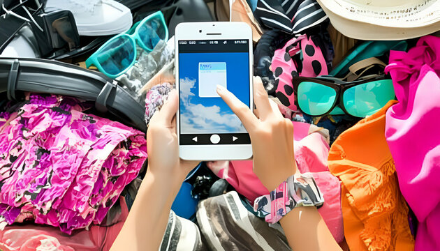 Woman's Hands Using Smartphone to Plan Summer Vacation Amid Colorful Clothing