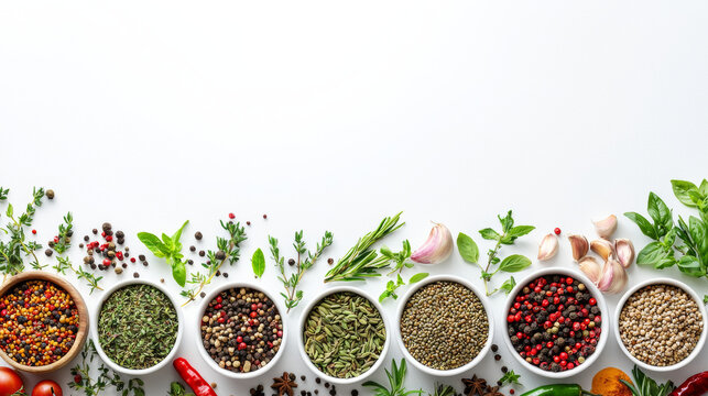 selection of herbs and spices arranged on a white background, perfect for cooking concepts, recipe banners, and menu designs