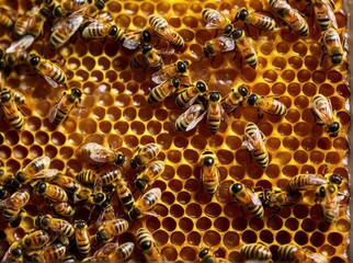 Close up view of the working bees on honey cells