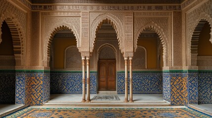 Moroccan Architecture : A breathtaking view showcases the intricacies of Moroccan design. Arches frame the shot, each one meticulously carved. Decorative tilework provides visual interest.