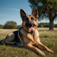 Majestic German Shepherd Dog Relaxing Alertly in Sunny Park Meadow, Happy Canine Portrait