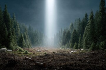 Mysterious beam of light descends onto serene forest clearing, e