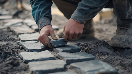Construction Worker Laying Cobblestone Path