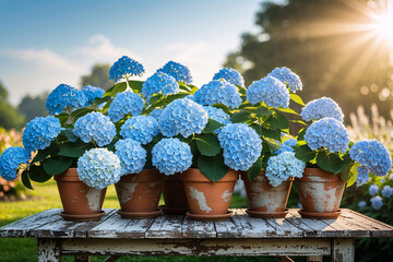 Blue hydrangeas in terracotta pots bloom gracefully on wooden garden table during sunny spring afternoon