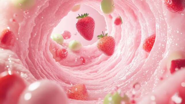 A tunnel into A swirling vortex of mxiing milk with strawberry milk and light green apple milk, with strawberries, small pieces of apple pie.