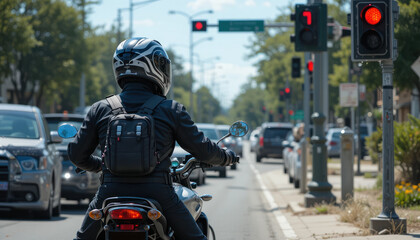 Motorcyclist Stopped at Traffic Light in City Environment Surrounded by Cars and Greenery Under Clear Blue Sky