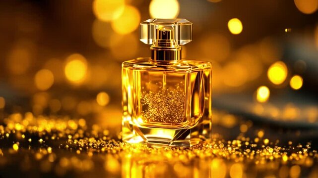 "Luxury Perfume Bottle with Golden Sparkles | Elegant Fragrance in Glass Bottle | Close-Up of Stylish Perfume with Glowing Lights"

