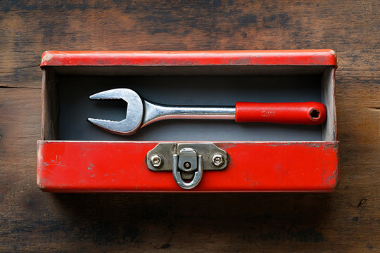 A red toolbox containing a single wrench with a red handle on a wooden surface background view